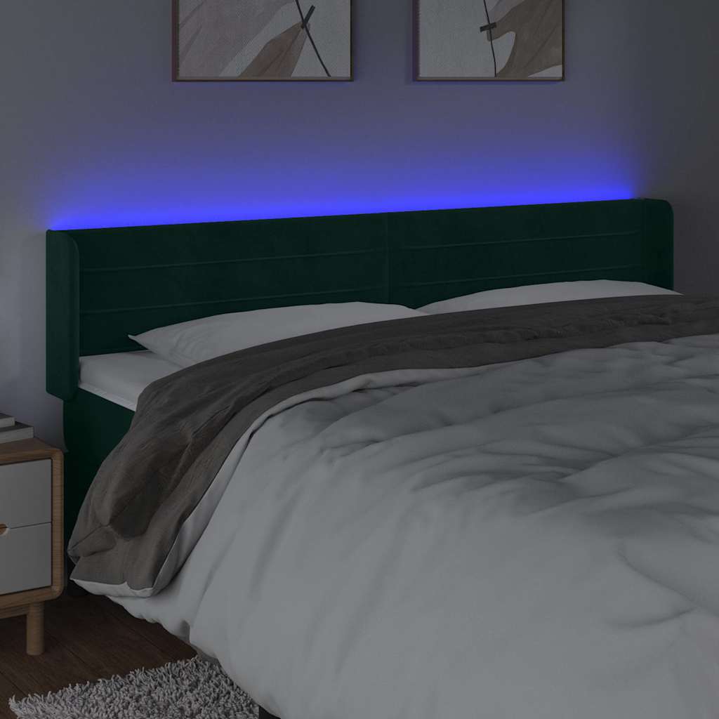 Cabeceira cama c/ luzes LED veludo 203x16x78/88 cm verde-escuro