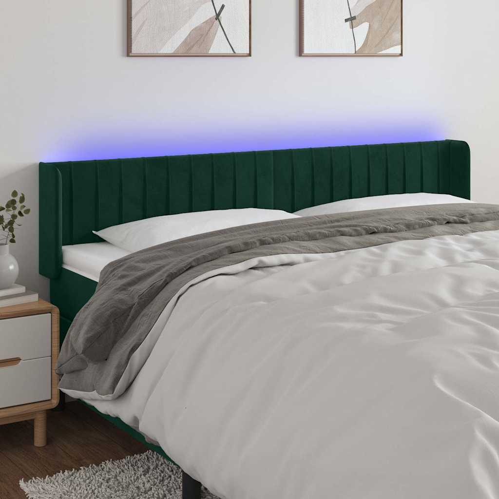 Cabeceira cama c/ luzes LED veludo 203x16x78/88 cm verde-escuro