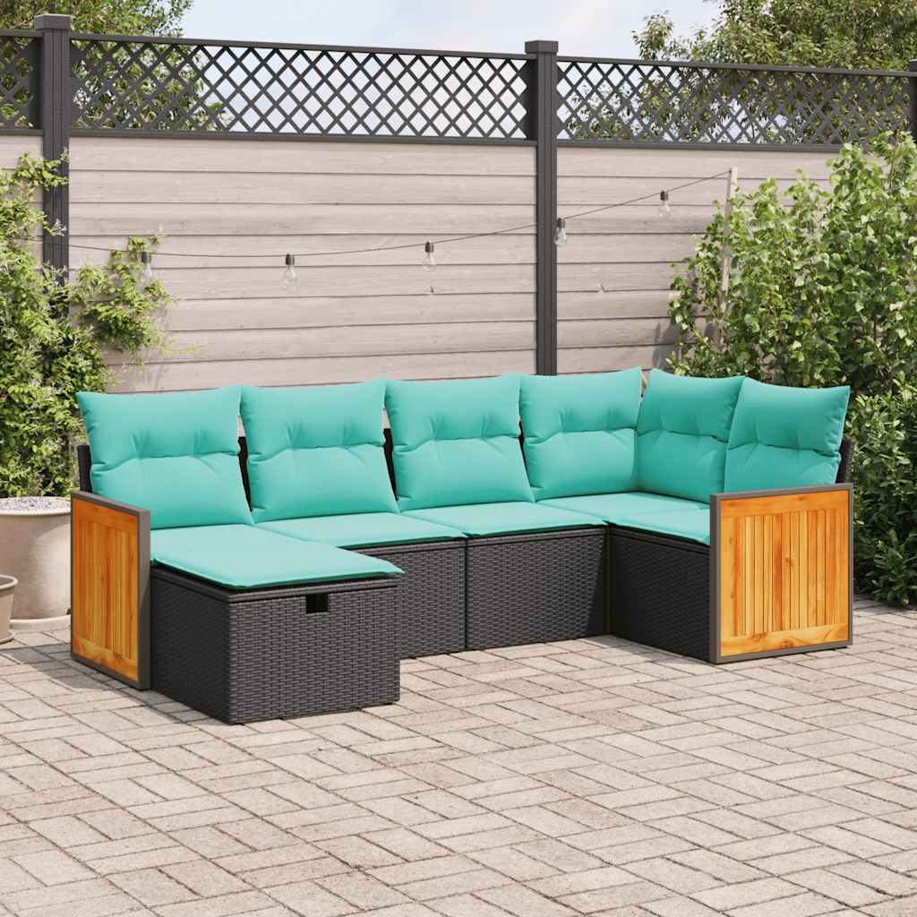 6 Pcs conjunto sofás de jardim c/ almofadões vime PE preto