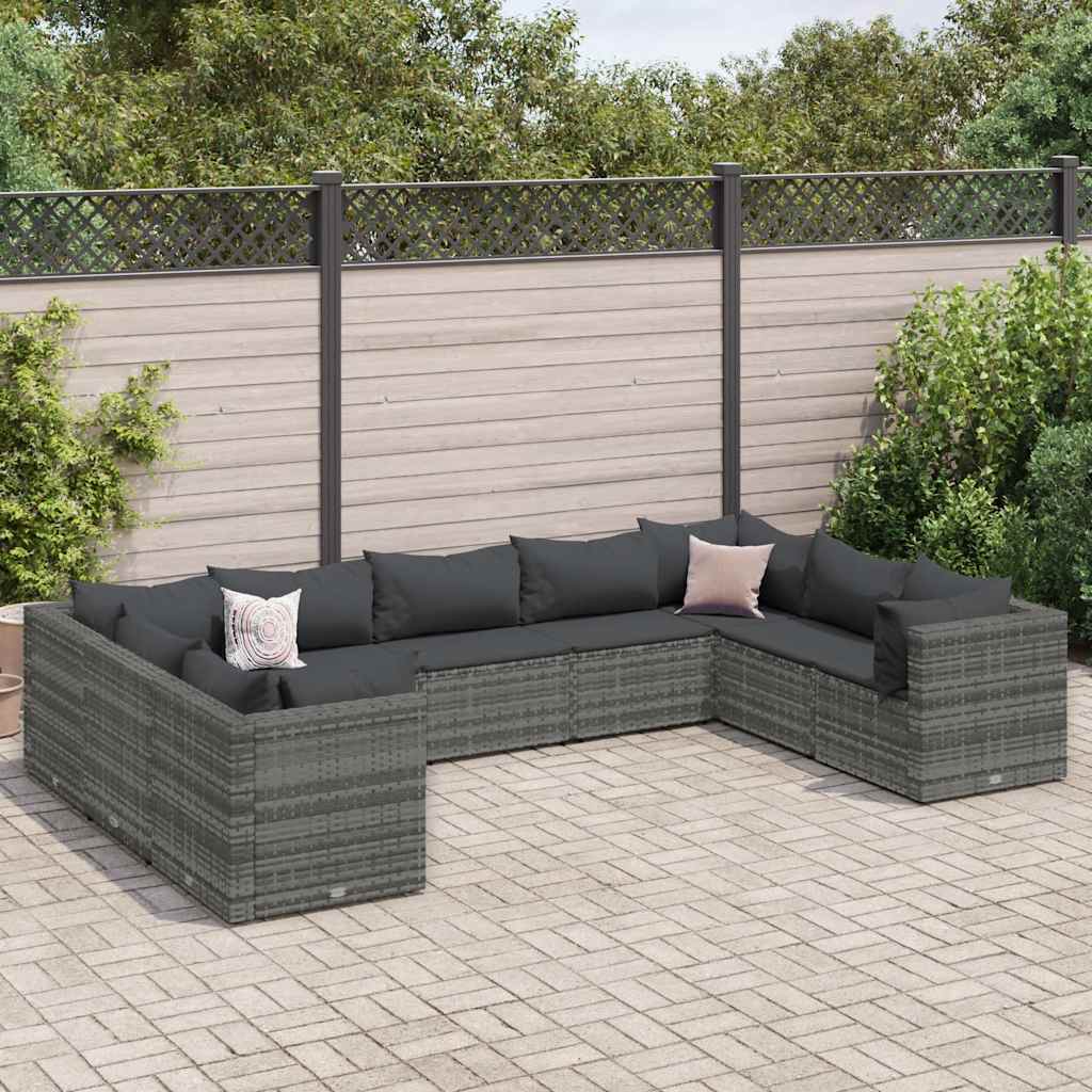 9 Pcs conjunto lounge de jardim c/ almofadões vime PE cinzento