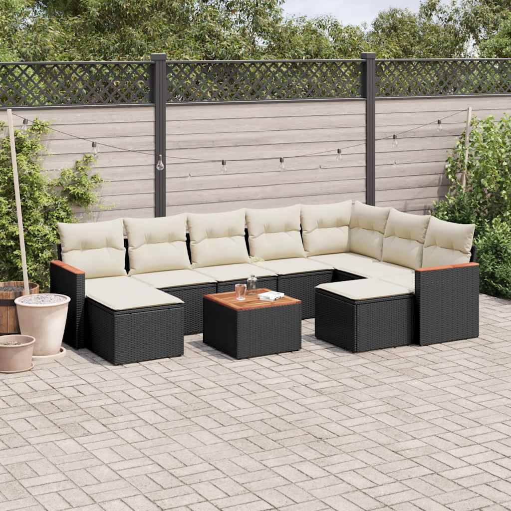 10 Pcs conjunto sofás de jardim c/ almofadões vime PE preto
