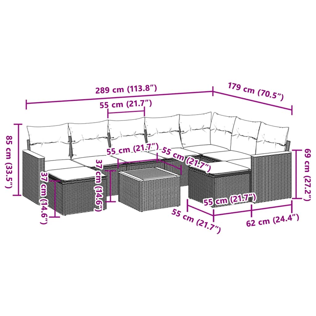 10 Pcs conjunto sofás de jardim c/ almofadões vime PE preto