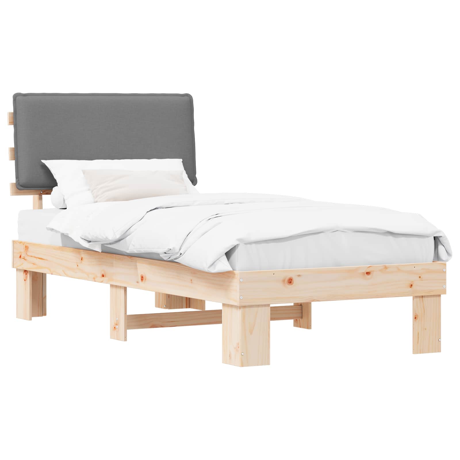 Estrutura de cama com cabeceira estofada cinzento-claro