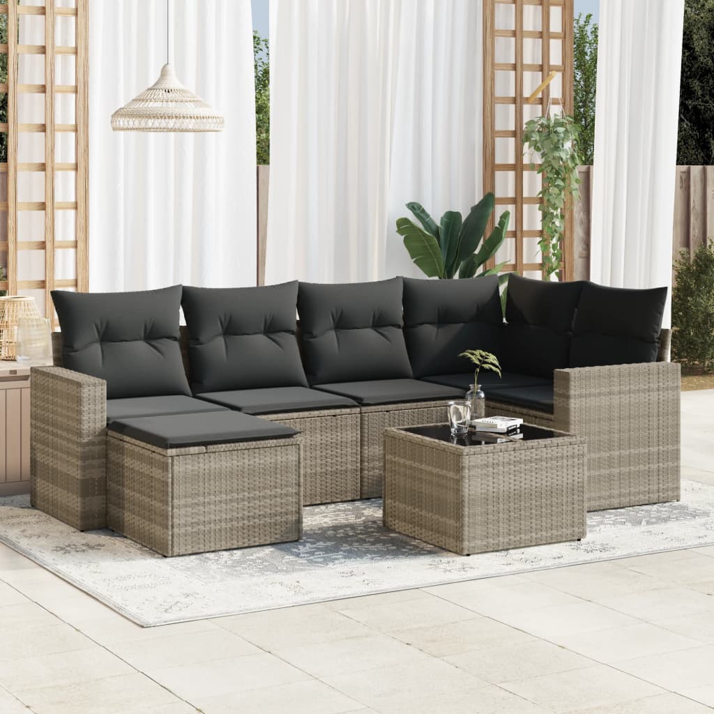 7 Pcs conj. sofás jardim com almofadões vime PE cinzento-claro