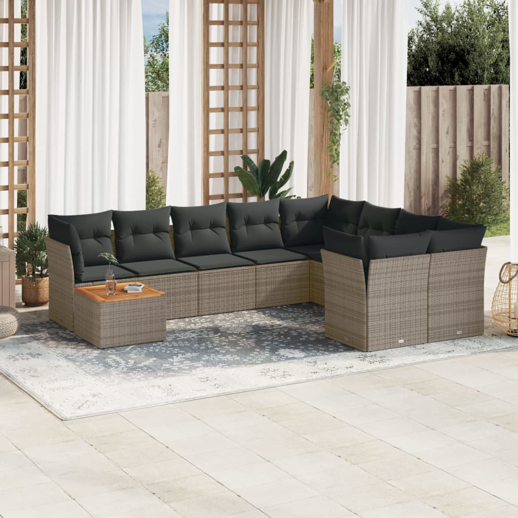 10 Pcs conjunto sofás de jardim c/ almofadões vime PE cinzento