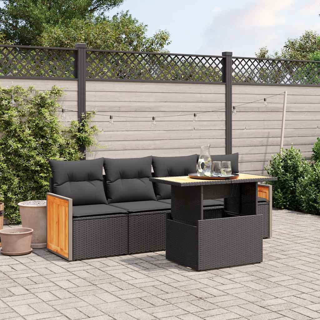 5 Pcs conjunto sofás de jardim com almofadões vime PE preto