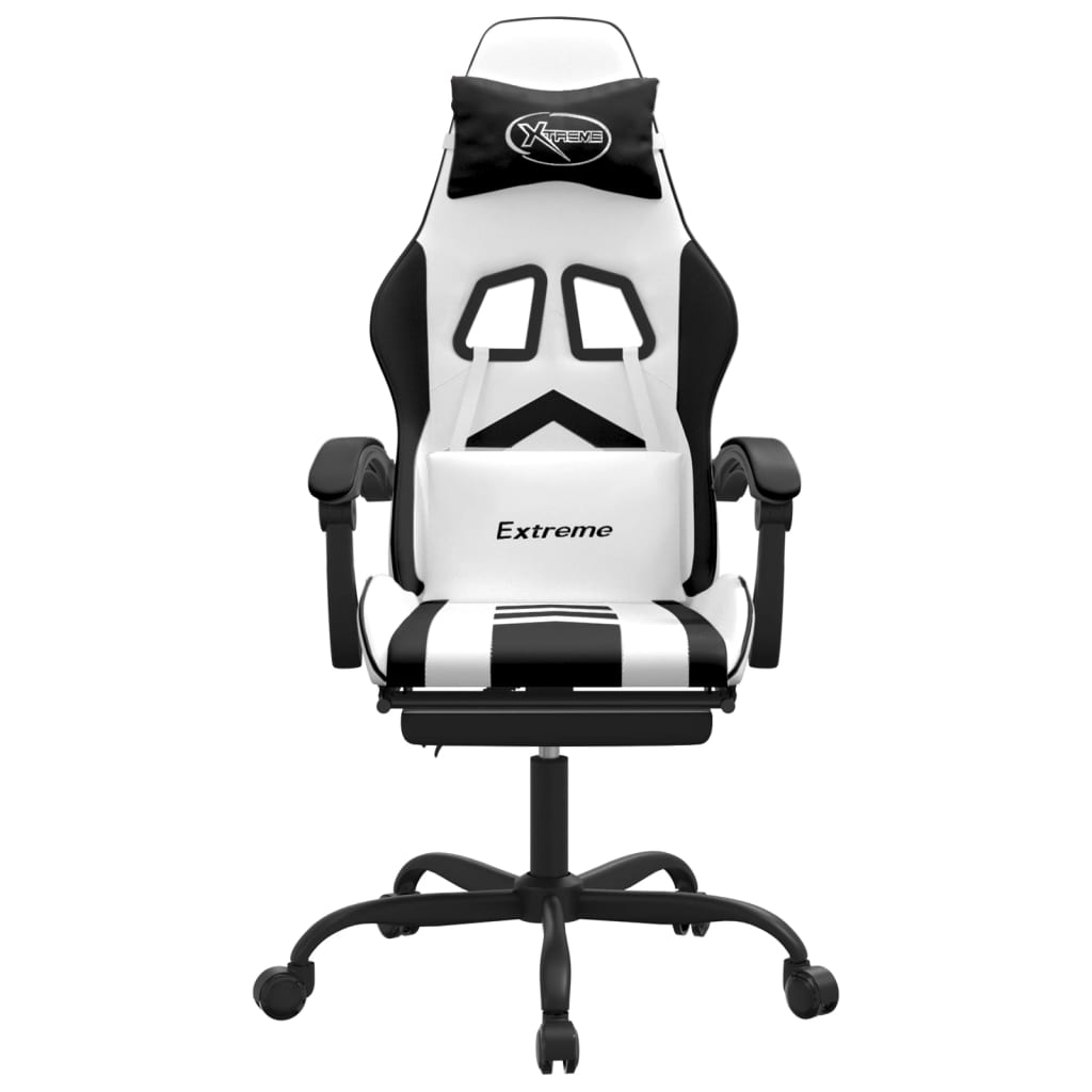 Cadeira gaming giratória c/ apoio pés couro artif. branco/preto