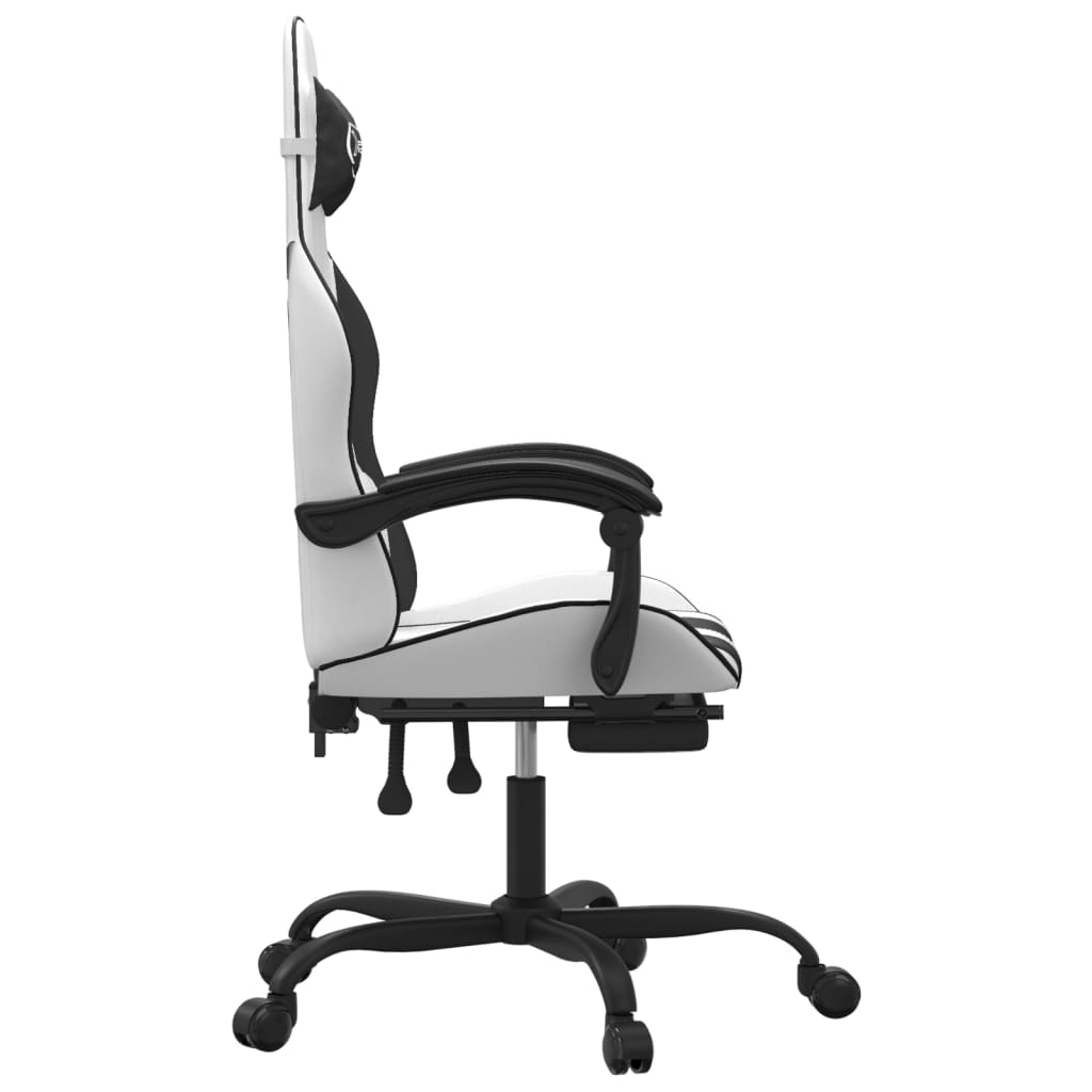 Cadeira gaming giratória c/ apoio pés couro artif. branco/preto