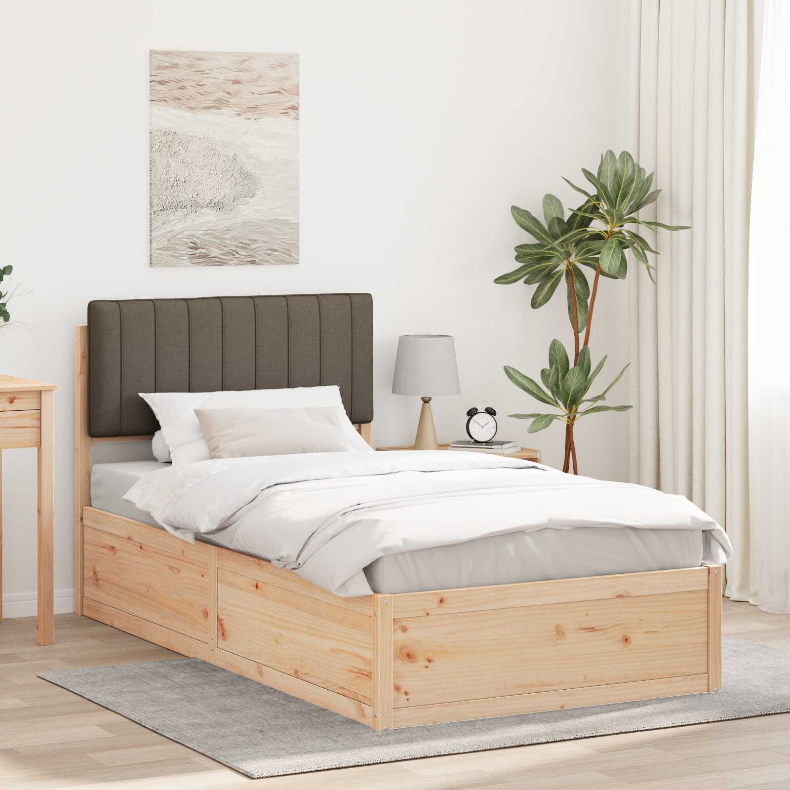 Estrutura de cama com cabeceira estofada cinzento-acastanhado