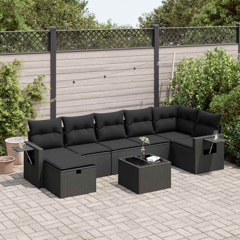 8 Pcs conjunto sofás de jardim com almofadões vime PE preto