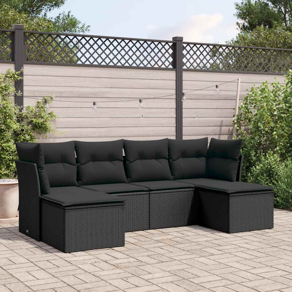 6 Pcs conjunto sofás de jardim c/ almofadões vime PE preto