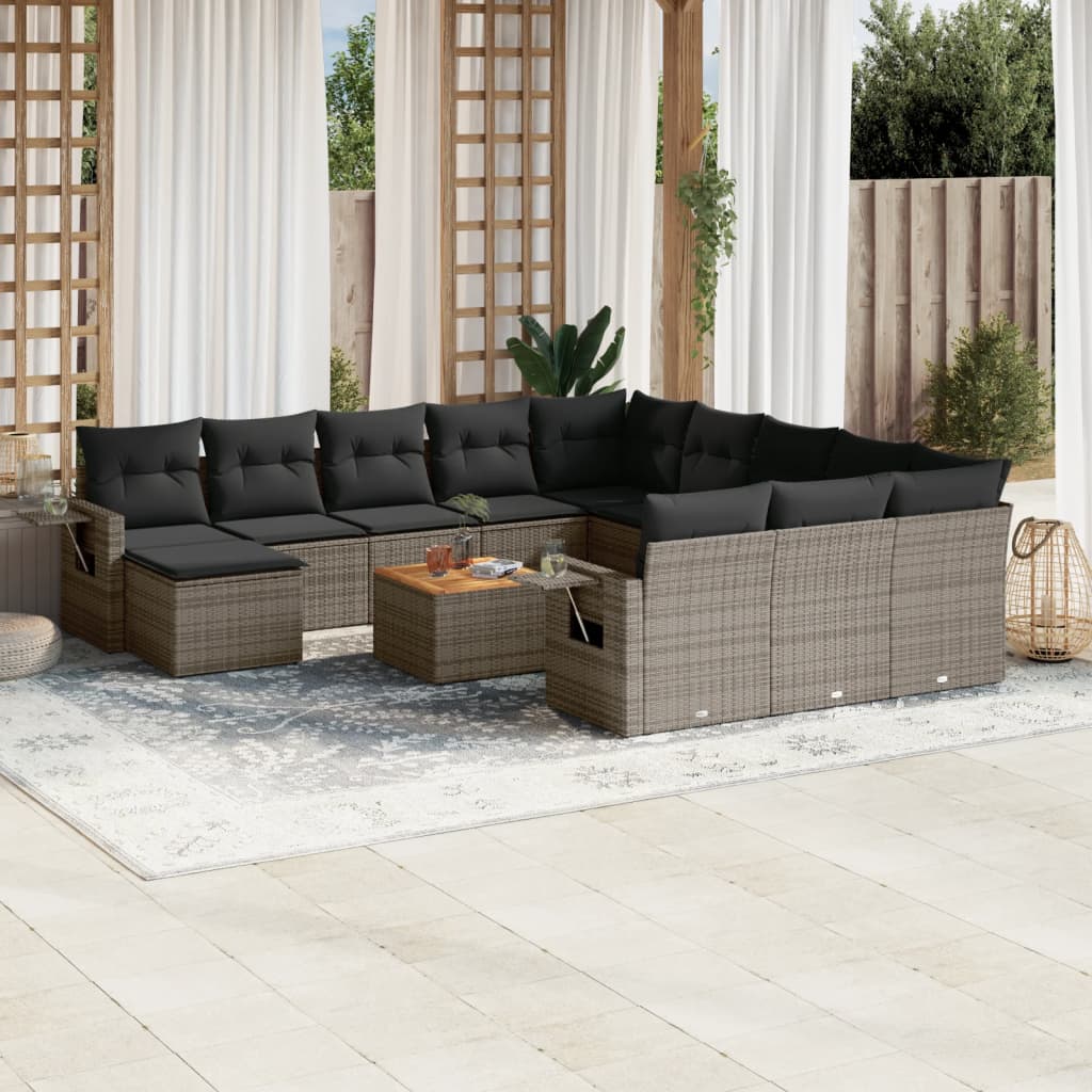 13 Pcs conjunto sofás p/ jardim c/ almofadões vime PE cinzento