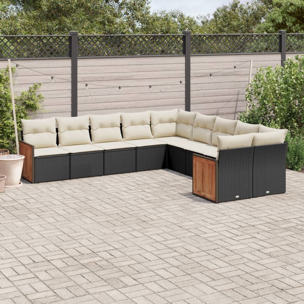 10 Pcs conjunto sofás de jardim c/ almofadões vime PE preto