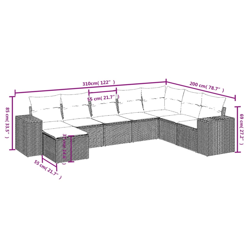 8 Pcs conjunto de sofás p/ jardim com almofadões vime PE bege