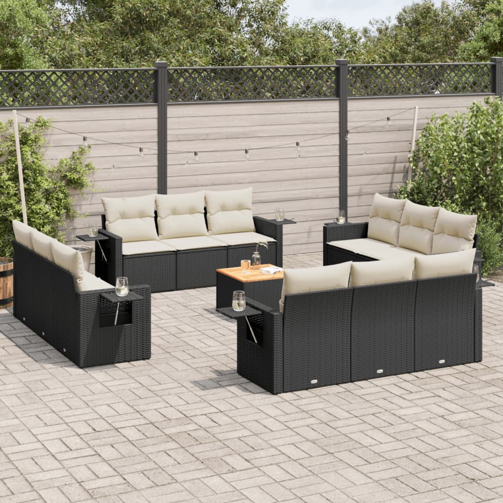 13 Pcs conjunto de sofás de jardim com almofadões vime PE preto
