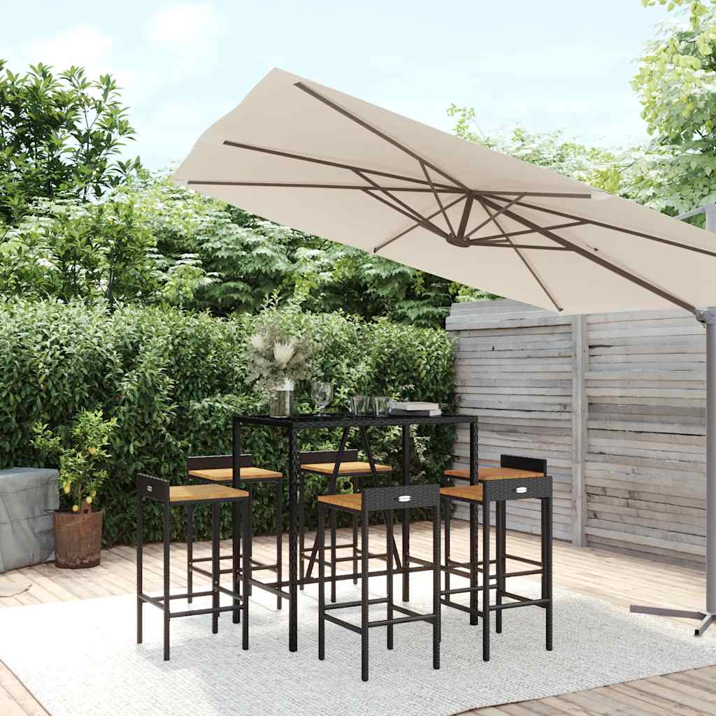 7 Pcs conjunto de bar p/ jardim vime PE/acácia maciça preto