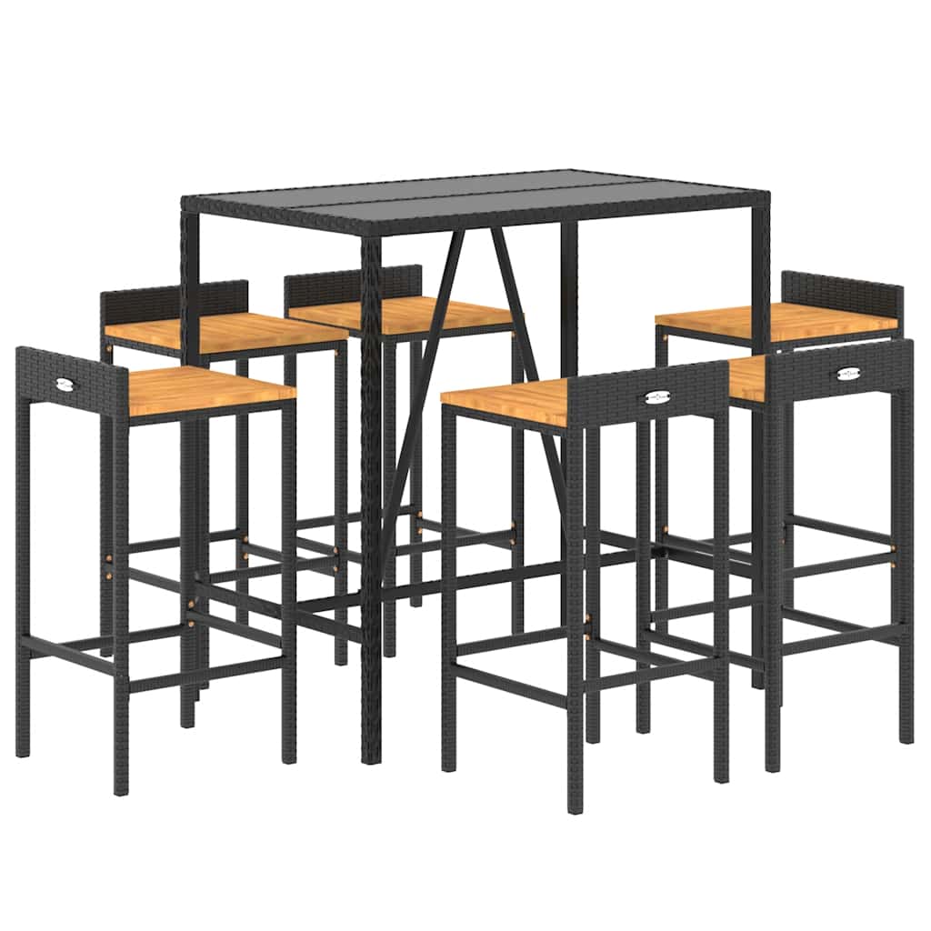 7 Pcs conjunto de bar p/ jardim vime PE/acácia maciça preto