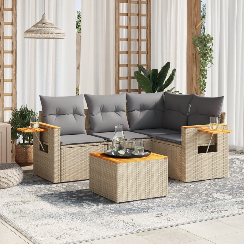 5 Pcs conjunto de sofás p/ jardim com almofadões vime PE bege