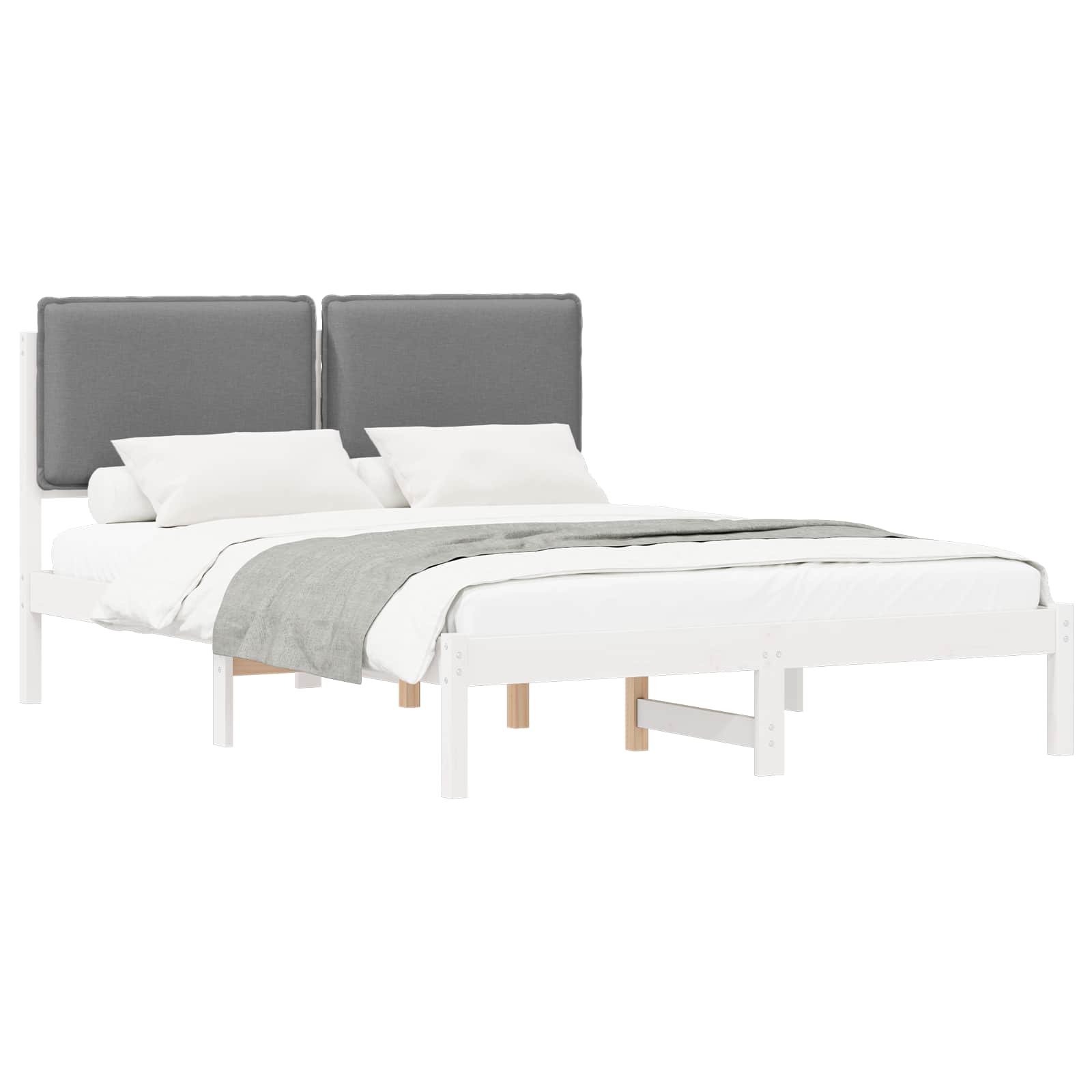 Estrutura de cama com cabeceira estofada cinzento-claro