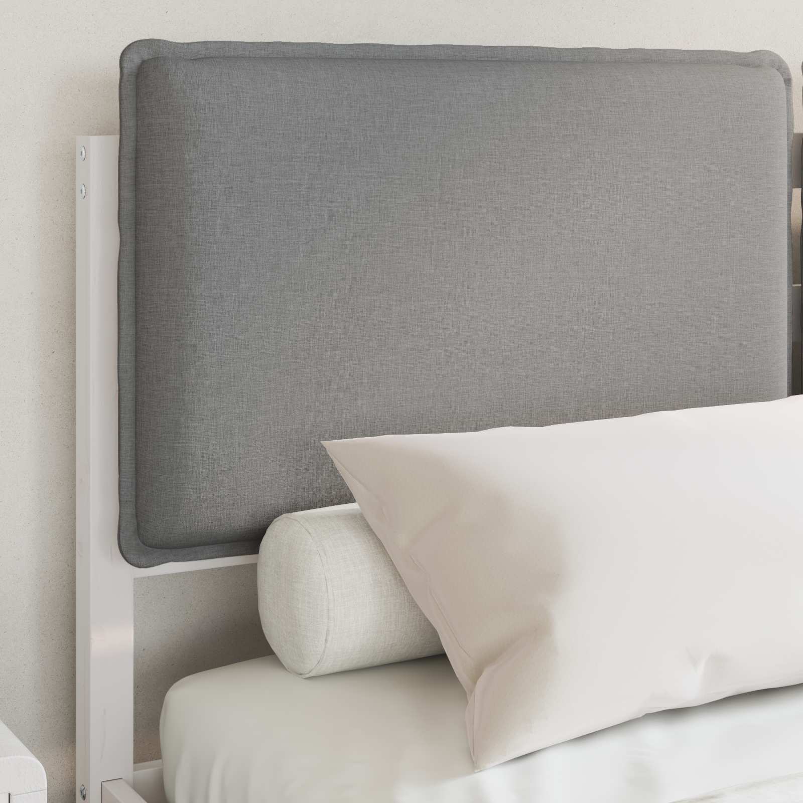 Estrutura de cama com cabeceira estofada cinzento-claro