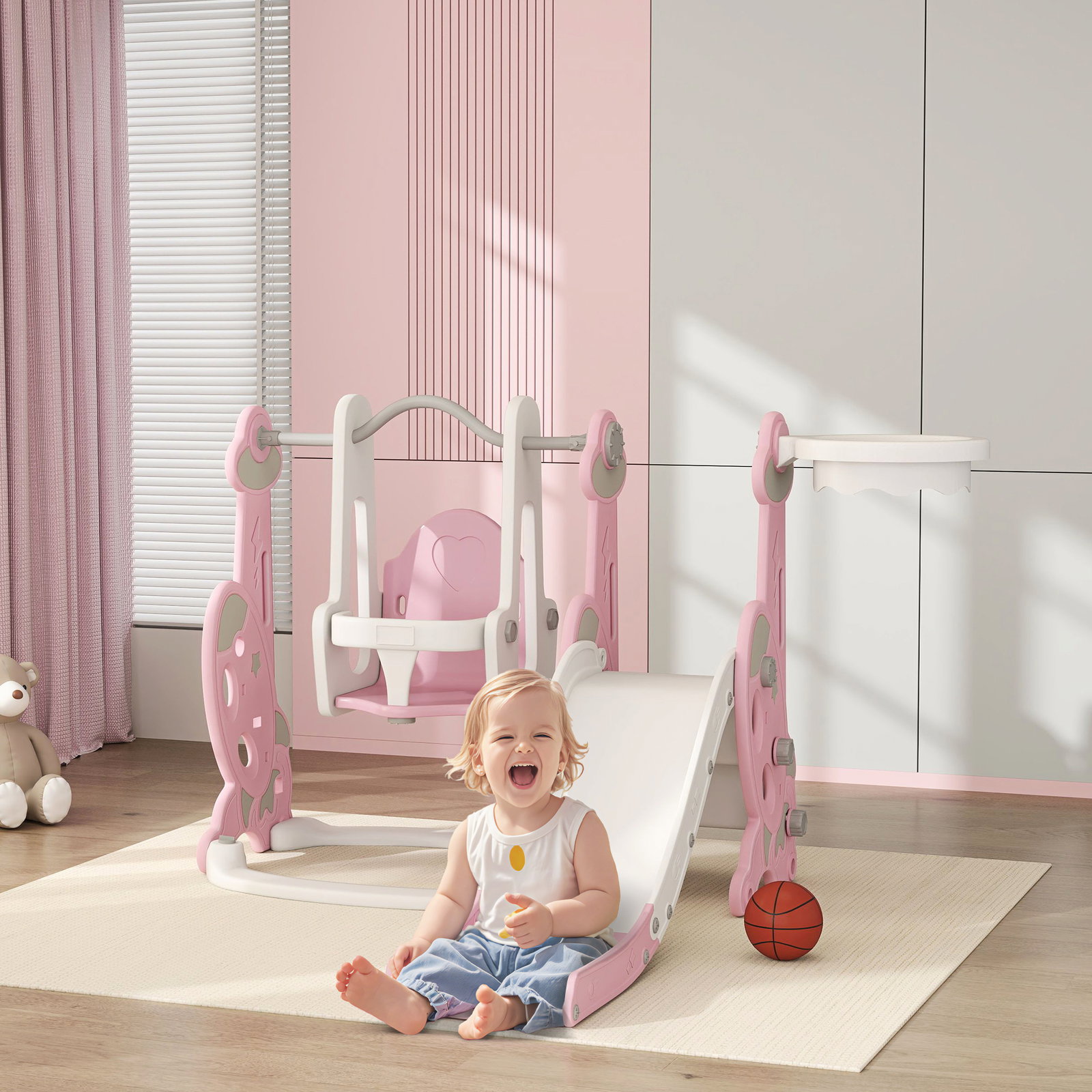 Escorrega infantil 4 em 1 parque infantil com baloiço e escorrega escalador cesto de basquetebol 147,5x160x107 cm rosa