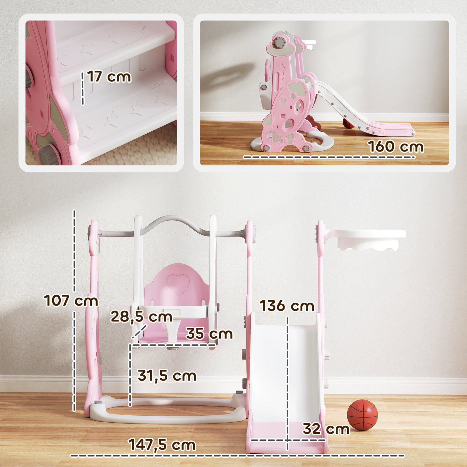 Escorrega infantil 4 em 1 parque infantil com baloiço e escorrega escalador cesto de basquetebol 147,5x160x107 cm rosa