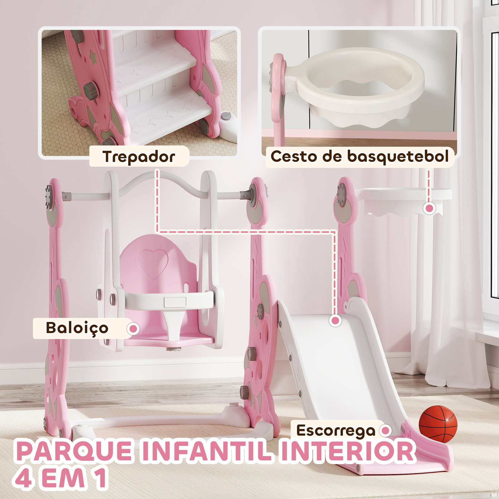 Escorrega infantil 4 em 1 parque infantil com baloiço e escorrega escalador cesto de basquetebol 147,5x160x107 cm rosa
