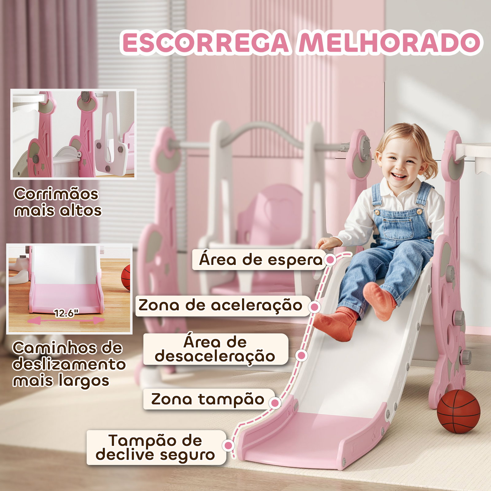 Escorrega infantil 4 em 1 parque infantil com baloiço e escorrega escalador cesto de basquetebol 147,5x160x107 cm rosa