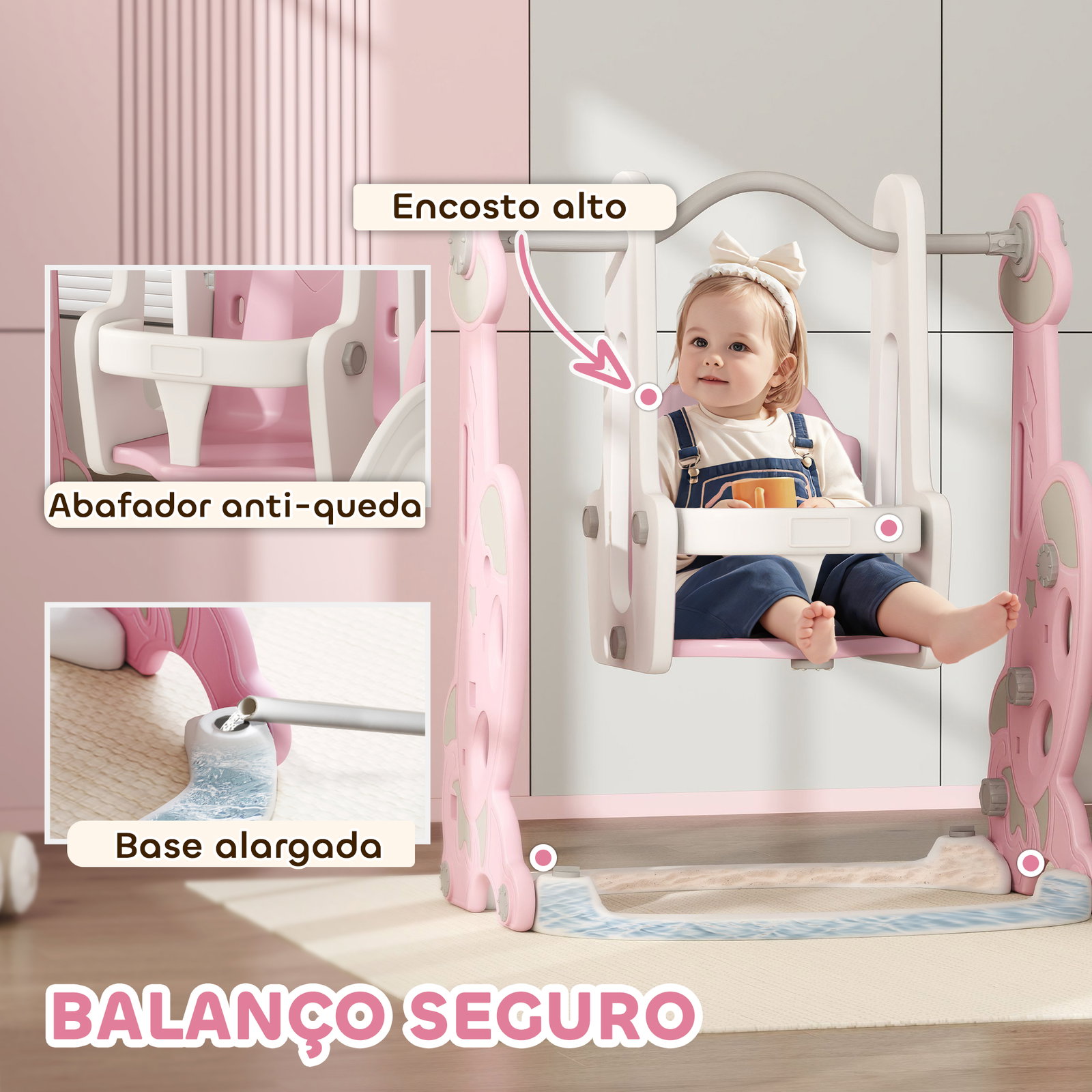 Escorrega infantil 4 em 1 parque infantil com baloiço e escorrega escalador cesto de basquetebol 147,5x160x107 cm rosa