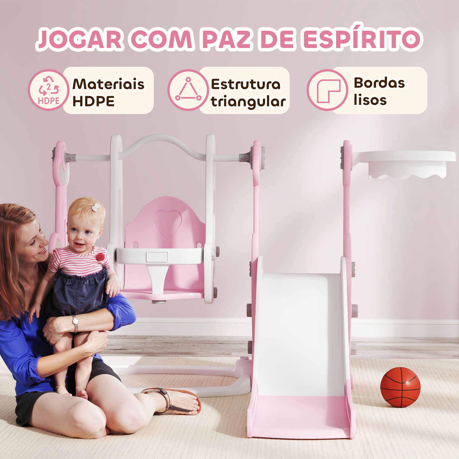 Escorrega infantil 4 em 1 parque infantil com baloiço e escorrega escalador cesto de basquetebol 147,5x160x107 cm rosa
