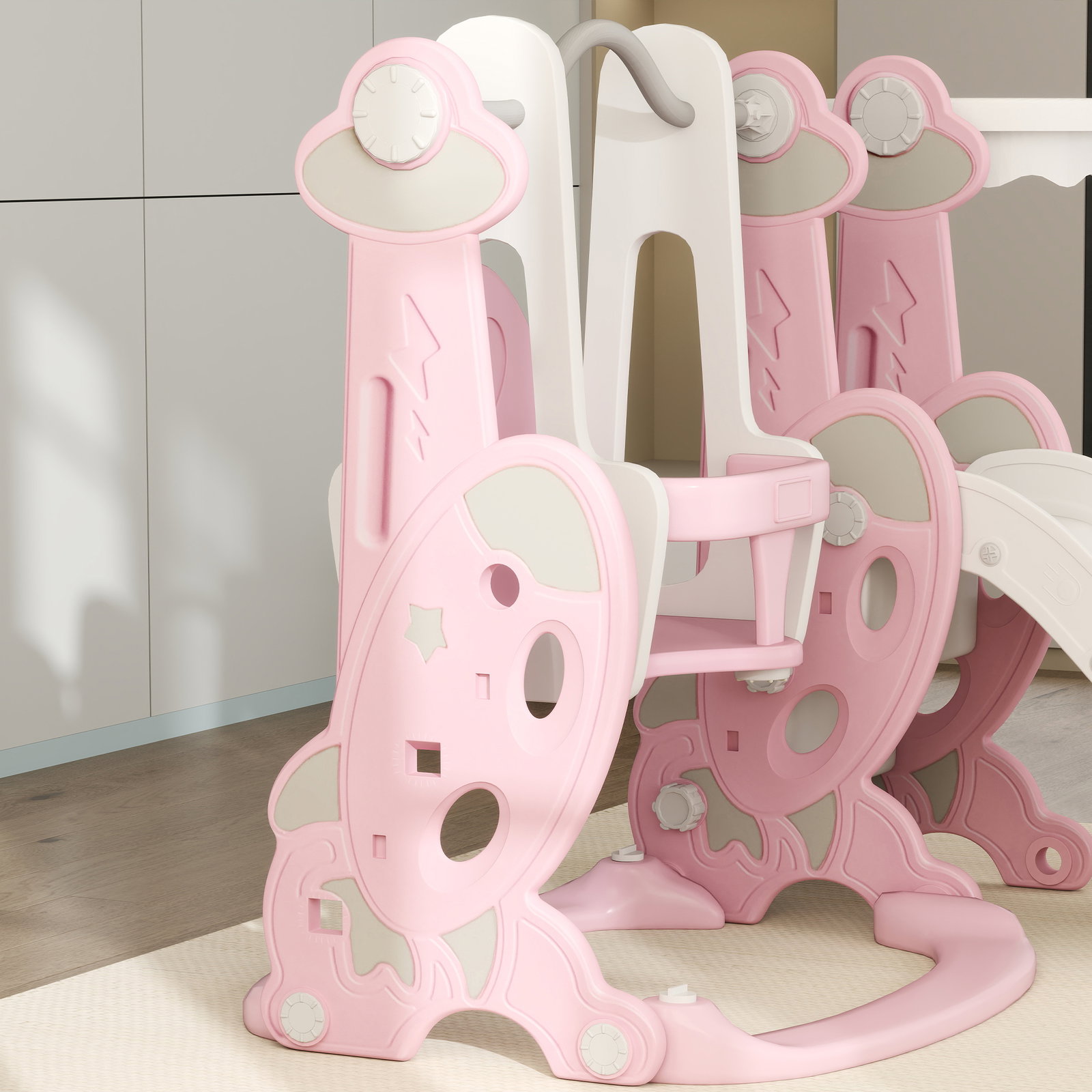 Escorrega infantil 4 em 1 parque infantil com baloiço e escorrega escalador cesto de basquetebol 147,5x160x107 cm rosa