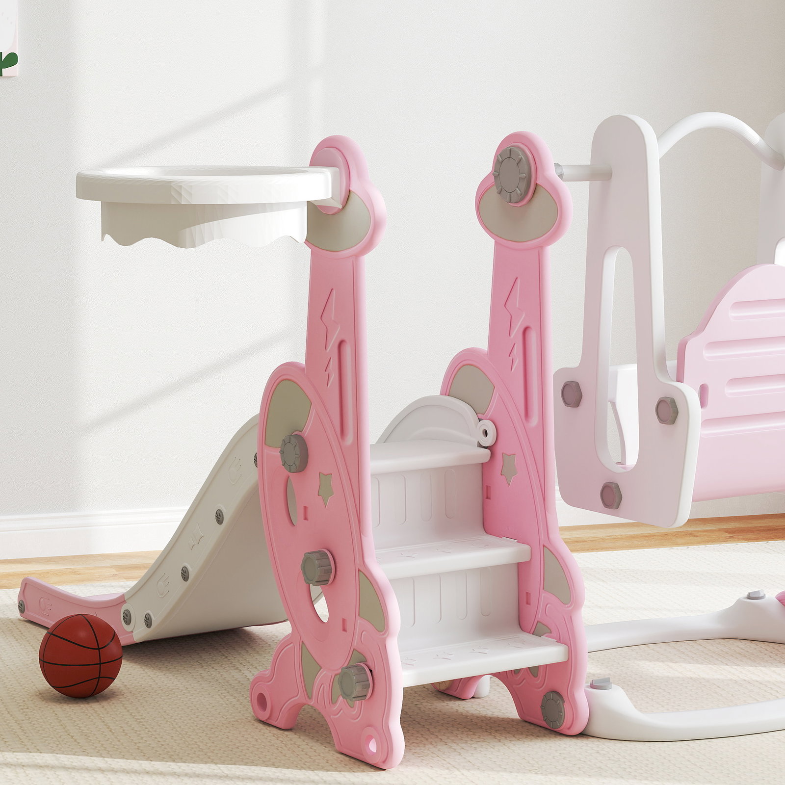 Escorrega infantil 4 em 1 parque infantil com baloiço e escorrega escalador cesto de basquetebol 147,5x160x107 cm rosa