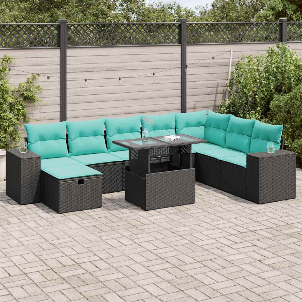 9 Pcs conjunto sofás jardim almofadões vime PE/acácia cinzento