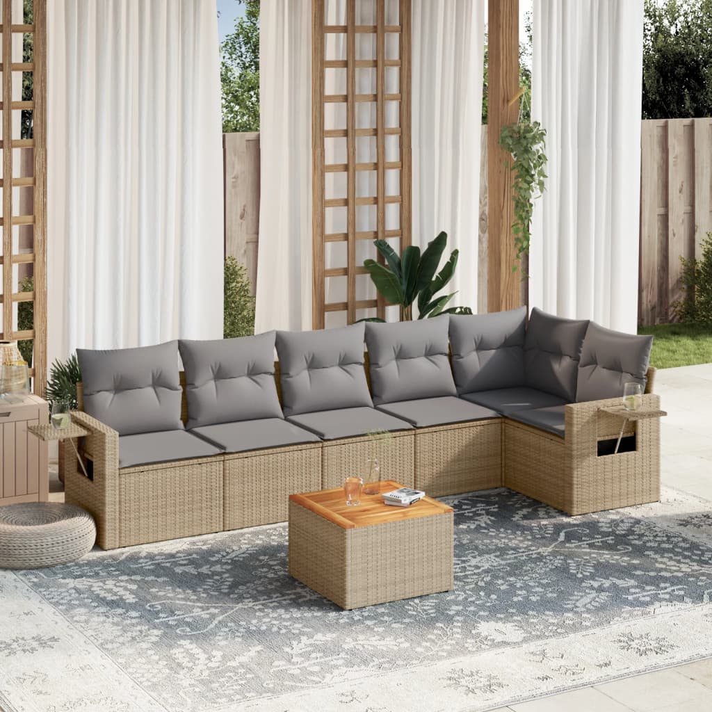 7 Pcs conjunto de sofás p/ jardim com almofadões vime PE bege