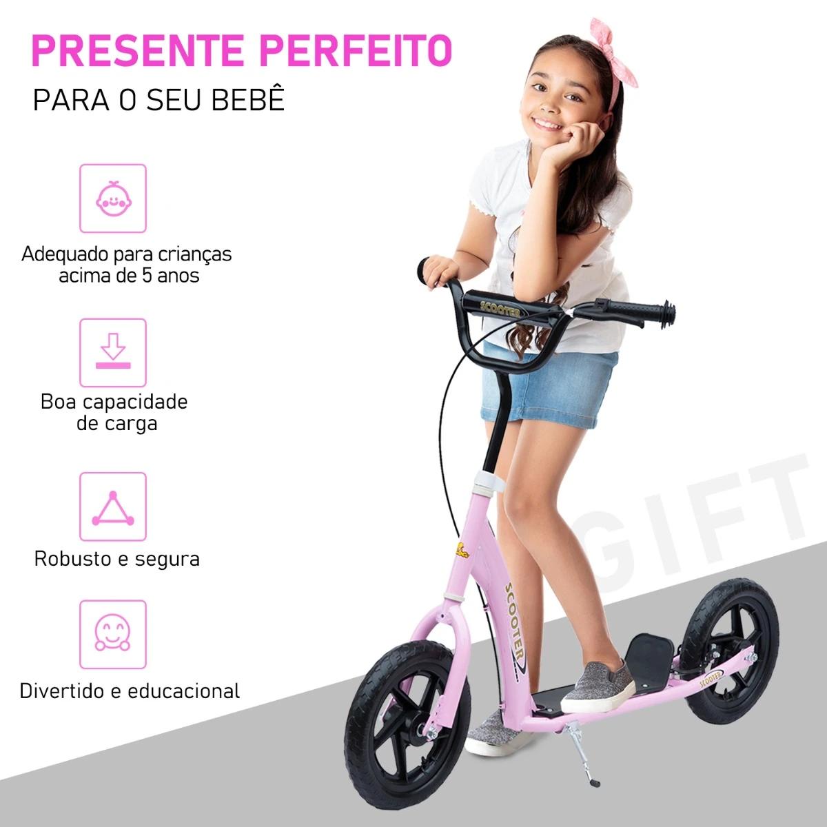 Trotinete para Crianças acima de 5 anos Scooter de 2 Rodas Grandes de 12 Polegadas com Freio e Guidão Ajustável em Altura Carga