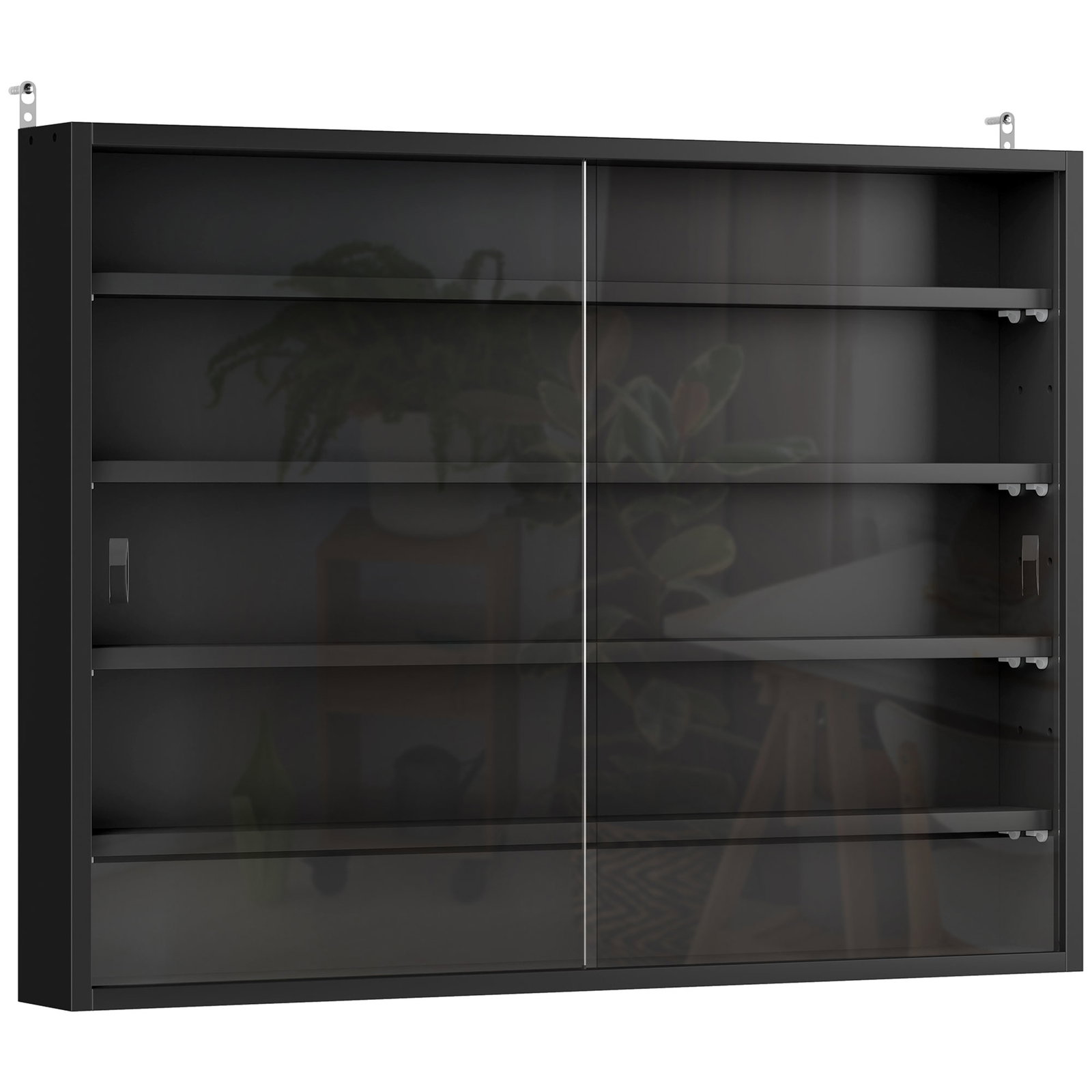 Vitrine de Parede de Madeira com Prateleiras Ajustáveis e 2 Portas Corredeiras de Vidro para Coleções Perfumes 80x9,5x60cm Preto