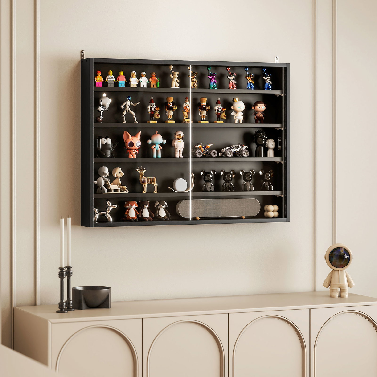 Vitrine de Parede de Madeira com Prateleiras Ajustáveis e 2 Portas Corredeiras de Vidro para Coleções Perfumes 80x9,5x60cm Preto