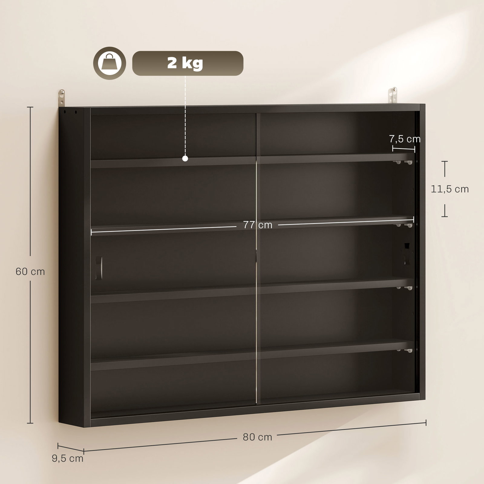 Vitrine de Parede de Madeira com Prateleiras Ajustáveis e 2 Portas Corredeiras de Vidro para Coleções Perfumes 80x9,5x60cm Preto