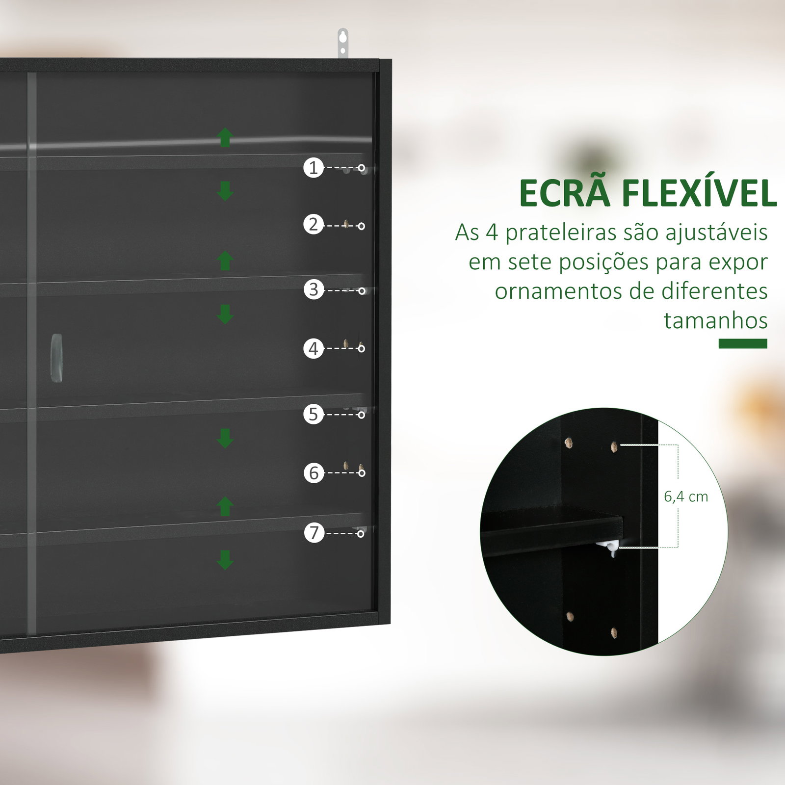 Vitrine de Parede de Madeira com Prateleiras Ajustáveis e 2 Portas Corredeiras de Vidro para Coleções Perfumes 80x9,5x60cm Preto