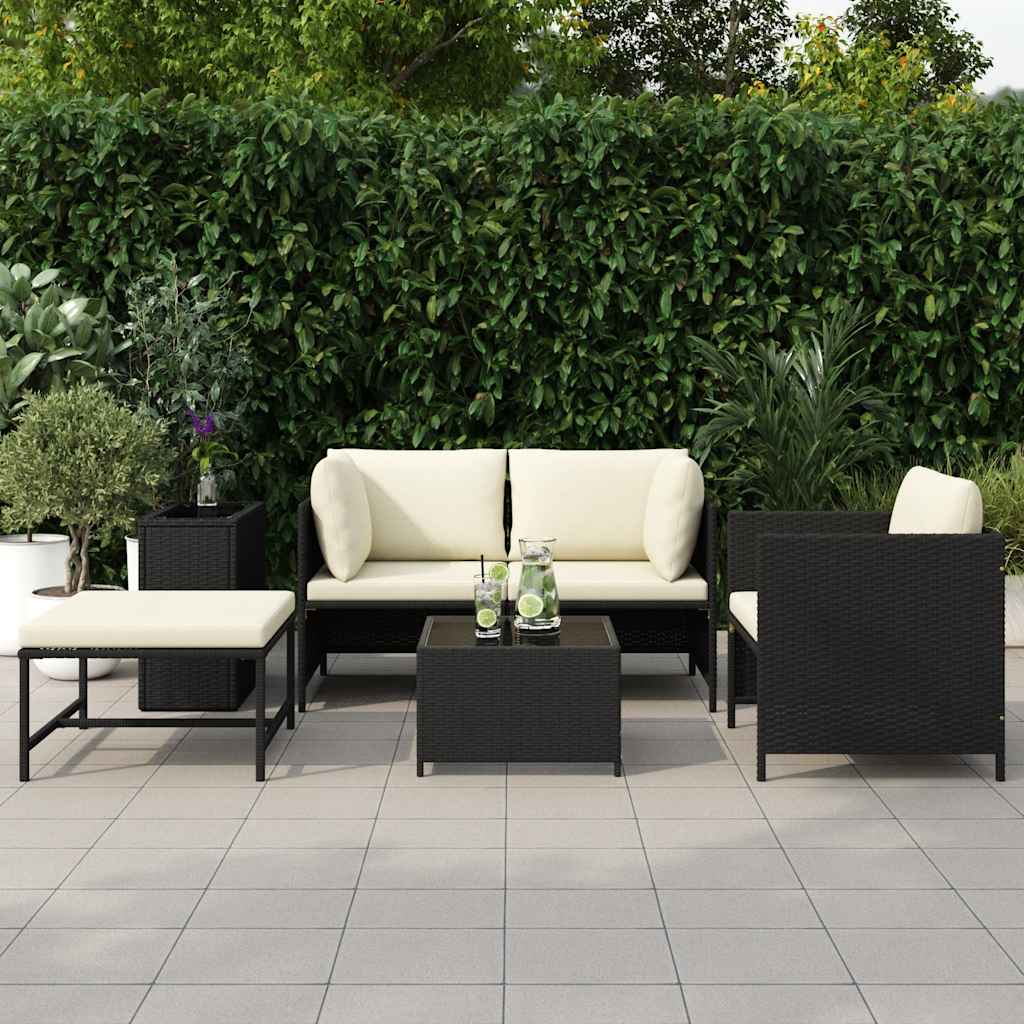 4 Pcs conjunto sofás de jardim com almofadões vime PE preto