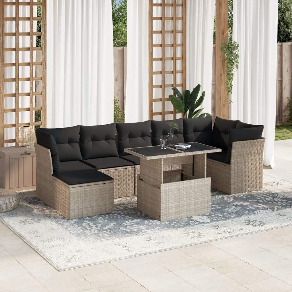 8 Pcs conj. sofás jardim c/ almofadões vime PE cinzento-claro