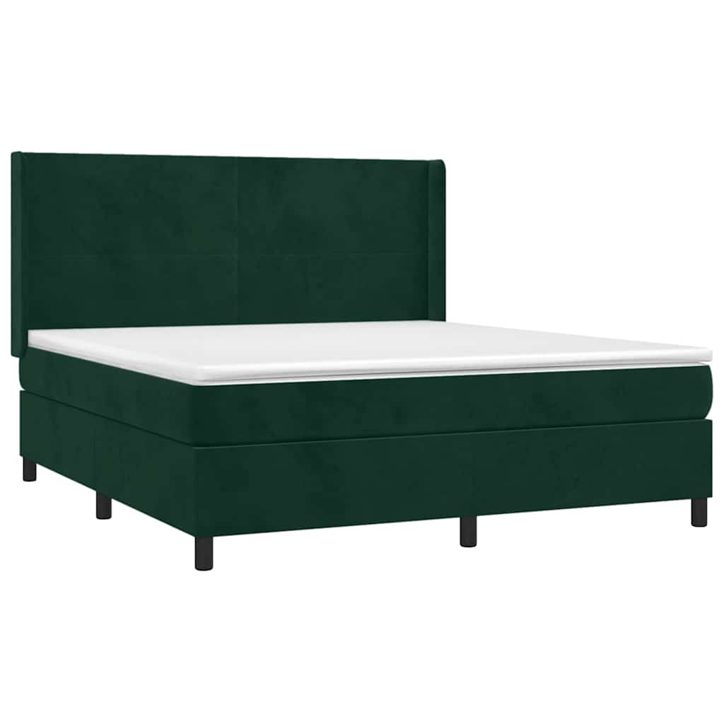 Cama box spring c/ colchão/LED 160x200 cm veludo verde-escuro