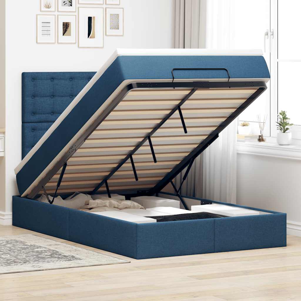 Estrutura de cama otomana com colchão 120x190 cm tecido azul