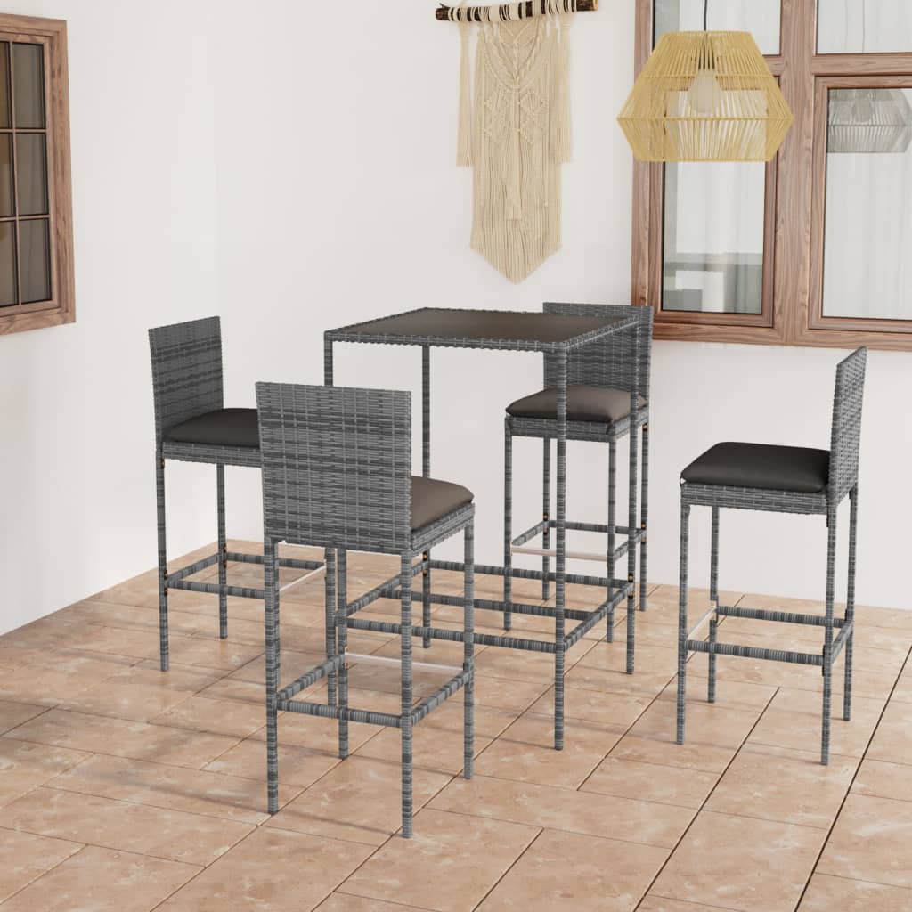 5 Pcs conjunto de bar p/ jardim c/ almofadões vime PE cinzento