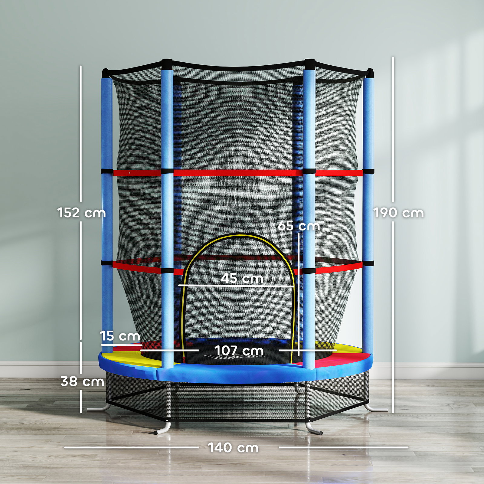 Trampolim infantil ø140x190 cm trampolim para crianças de 3-6 anos com rede de segurança carga 45 kg para interior azul