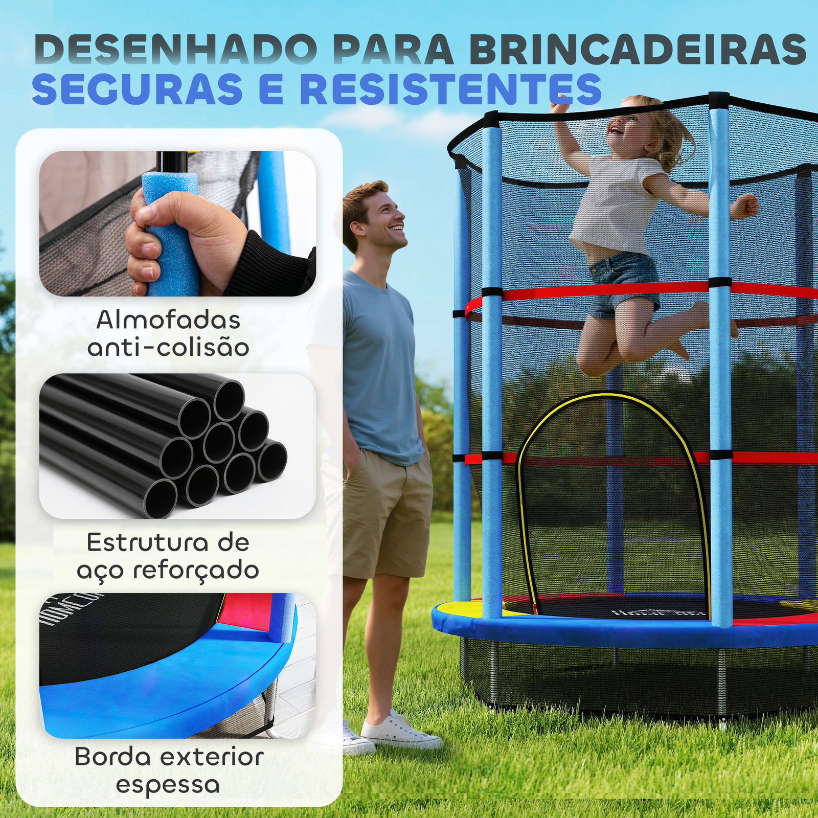 Trampolim infantil ø140x190 cm trampolim para crianças de 3-6 anos com rede de segurança carga 45 kg para interior azul