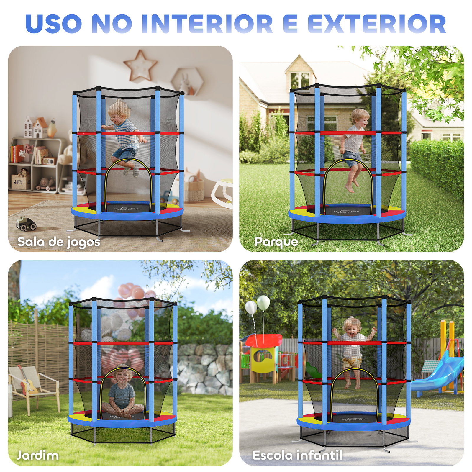 Trampolim infantil ø140x190 cm trampolim para crianças de 3-6 anos com rede de segurança carga 45 kg para interior azul