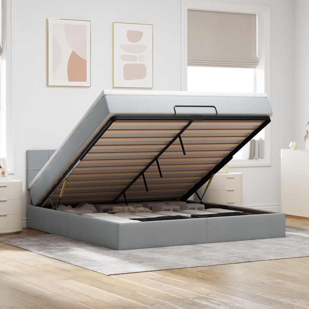 Cama otomana com colchão 160x200 cm tecido cinzento claro