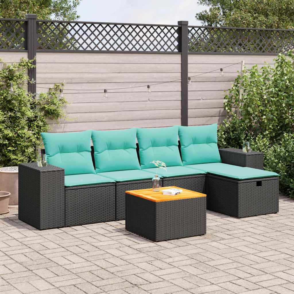 6 Pcs conjunto sofás de jardim c/ almofadões vime PE preto