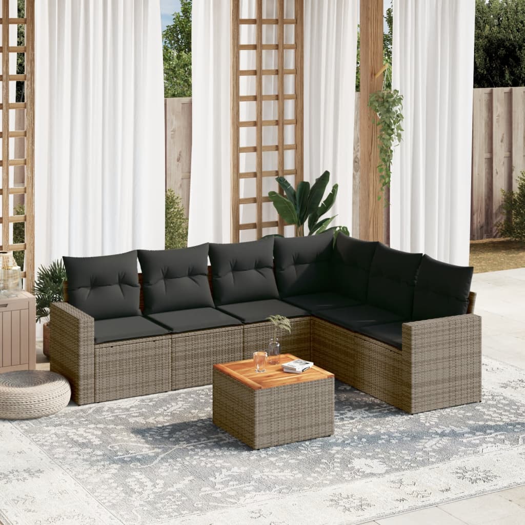 7 Pcs conjunto sofás p/ jardim c/ almofadões vime PE cinzento